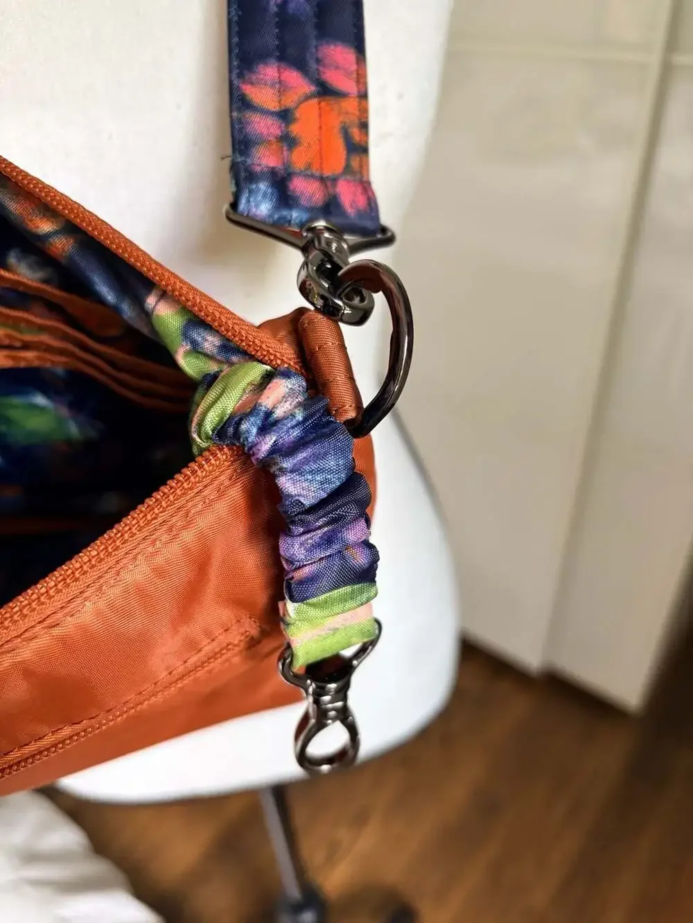 Lug Flare Quilted Crossbody Bag in Copper Brown with Floral Strap